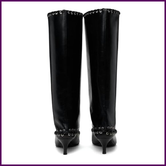 Metal Eyelet Pointed Toe Knee High Boots Wide Calf Kitten Heel Lace Up - Picture 6 of 8